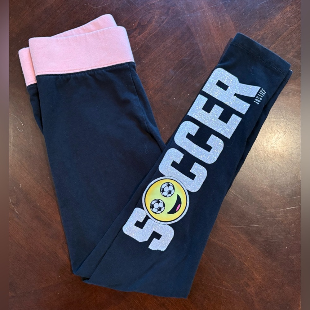 Justice Soccer Leggings, Black with Glitter Decal and Peach Waistband, Size 12